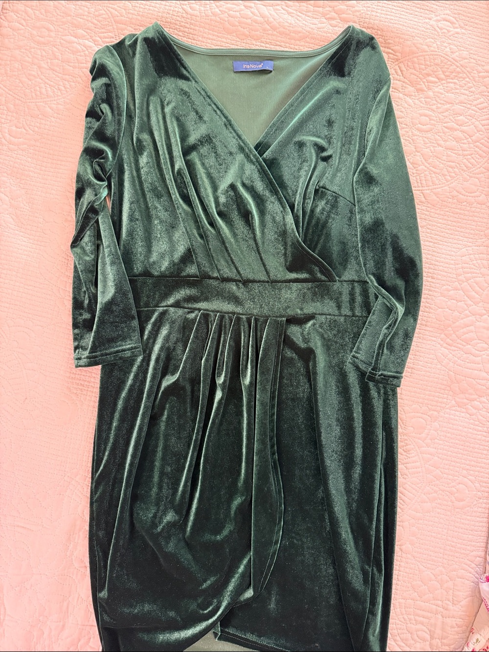 Boho Emerald Green Velvet Faux Wrap Midi Dress V Neck Romantic Goth Cottagecore - Picture 5 of 9